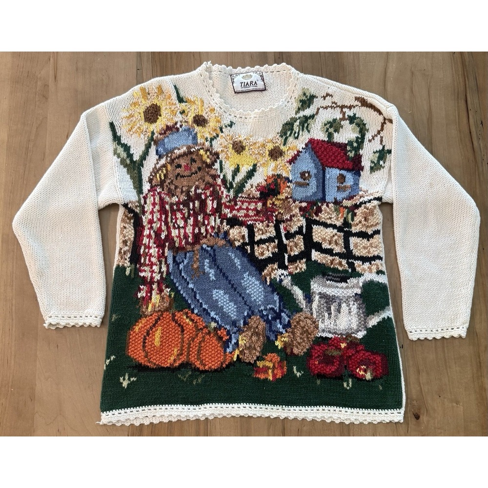 Vintage Tiara International Fall Harvest Scarecrow Sweater Heavy Knit Meduim